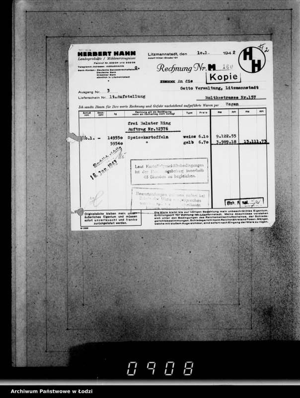 Obraz 6 z jednostki "Aufträge [Lieferscheinen und Rechnungen] 12321-12376 Lebensmitteleinkauf 5/Mü [Dostawa żywności dla Getta i dla obozu cygańskiego]"