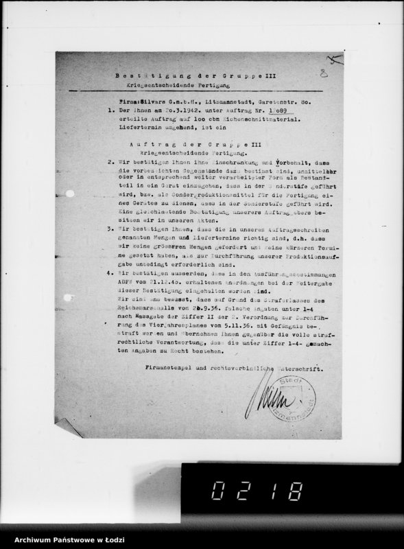 Obraz 11 z jednostki "Aufträge 7611-12089 und Rechnungen Firma Silvars G.m.b.H.Litzmannstadt auf Holzmaterial"