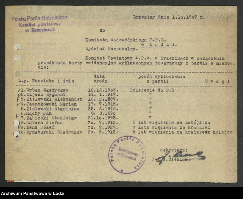 Obraz 18 z jednostki "Wykazy wykluczonych z partii i ubyłych z innych przyczyn [z lat 1945 - 1947]"