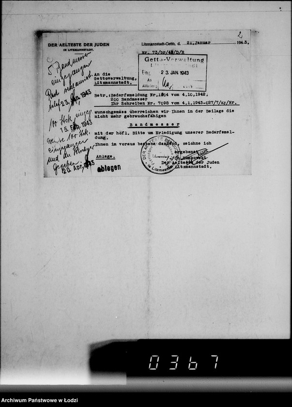 Obraz 6 z jednostki "[Korespondencja Przełożonego Starszeństwa Żydów w Getcie w sprawach przydziału maszyn i urządzeń oraz półfabrykatów do produkcji]"