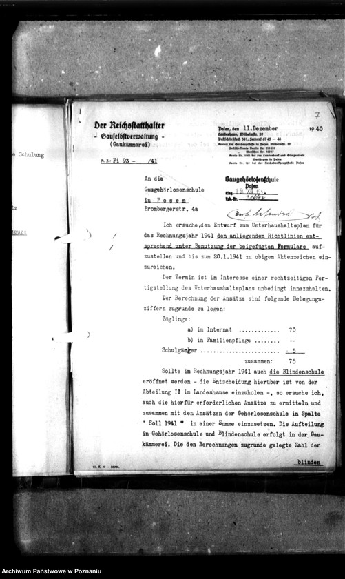 Obraz 11 z jednostki "Unterhaushaltplan - 4301. Gaugehörlosenschule, Posen. [Plany finasowe, budżety, sprawy finansowo-gospodarcze Szkoły]."