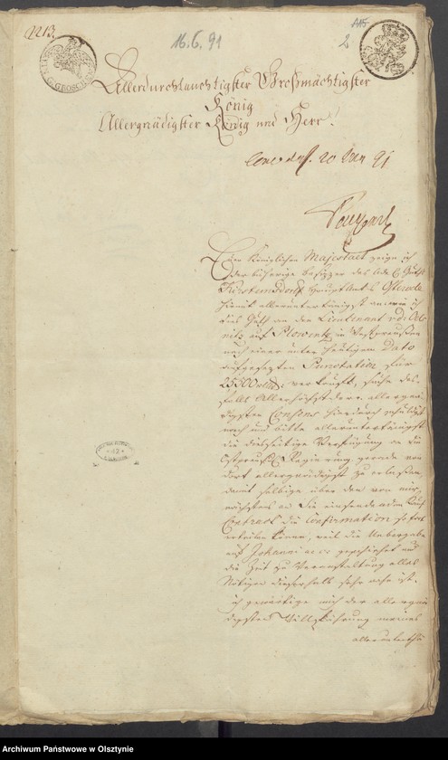 image.from.unit.number "In S. [Sachen] des v. [von] Schleinitz den Verkauf seines adelichen Guths Kirsteinsdorf [ Kiersztanowo] H. [Haupt] Amts Osterode [Ostróda] an den Lieutenant v. [von] Oelsnitz auf Plowenzin in Westpreussen"