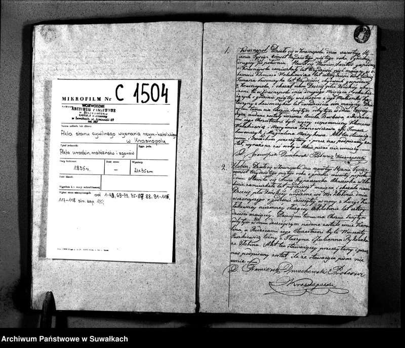 image.from.unit.number "Księga Duplikat Parafii Krasnopolskiey z Roku 1835. Osób Narodzonych, Zaślubionych i Zeszłych."