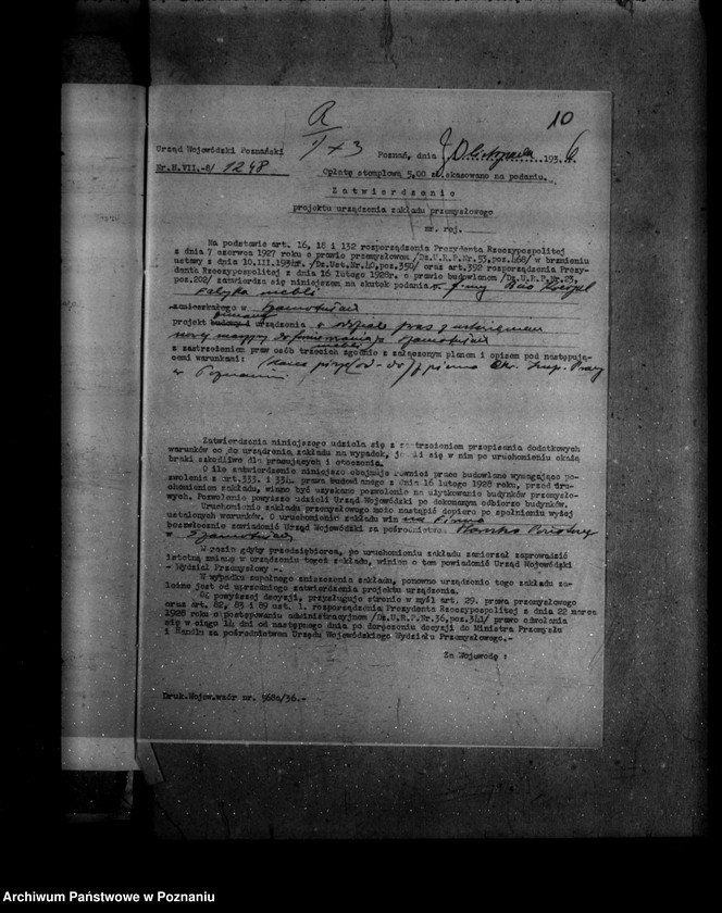 Obraz 14 z jednostki "Zatwierdzenie zakładu przemysłowego /fabryki mebli/ Bracia Koerpel w Szamotułach"