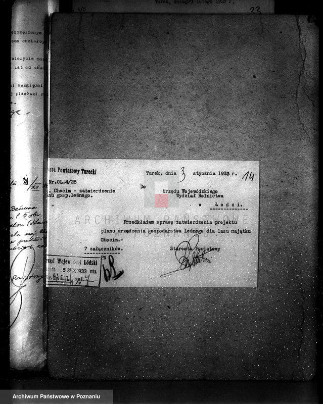 Obraz 18 z jednostki "Sprawa wyłączeń z art.. 4 ustawy z 28 XII 1925 r. i zatwierdzenie projektu planu gospodarczego dla lasu majątku Chocim powiat turecki"