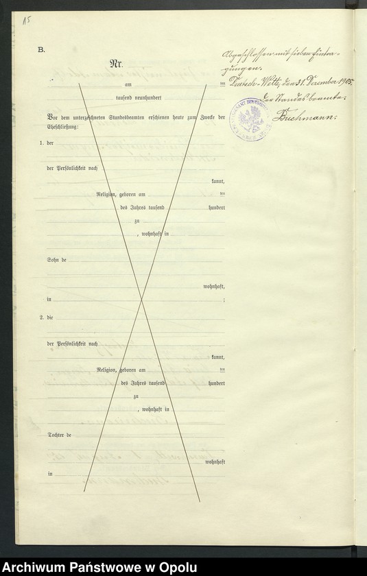 Obraz 19 z jednostki "Heiraths-Neben-Register des Standesamts Deutsch Wette pro 1905"