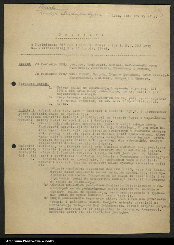 Obraz 10 z jednostki "Protokoły narad międzypartyjnych PPR i PPS na szczeblu wojewódzkim [z załącznikami]"
