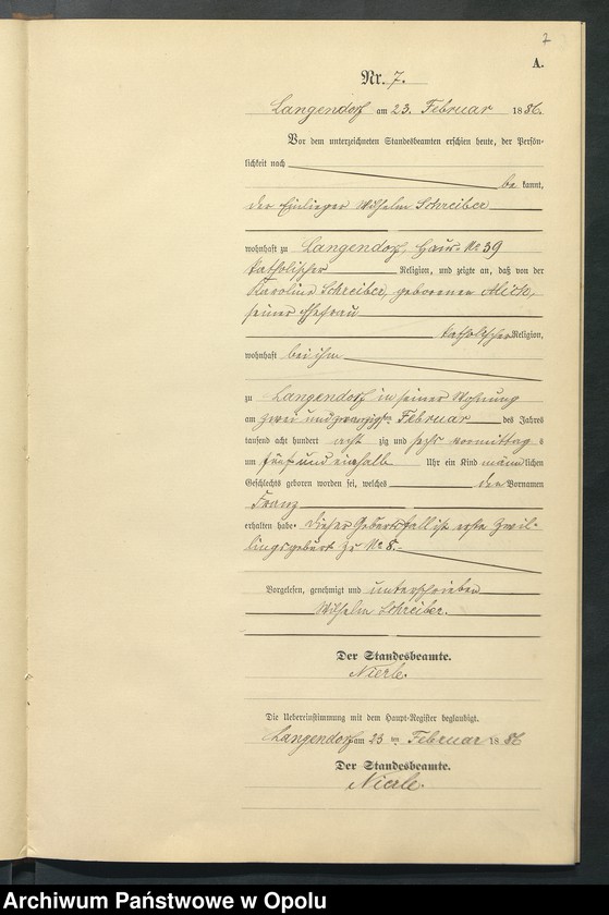 Obraz 11 z jednostki "Geburts-Neben-Register des Standesamts Langendorf pro 1886"