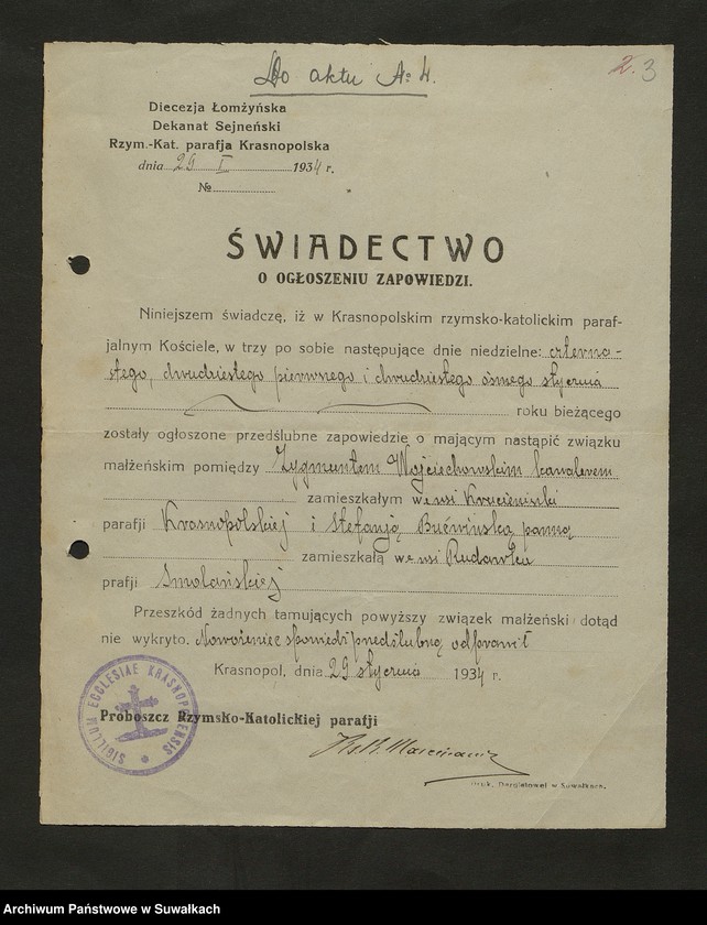image.from.unit.number "Dokumenty do aktów zaślubionych Rzymsko Katolickiej parafji Smolanskiej za rok 1934"