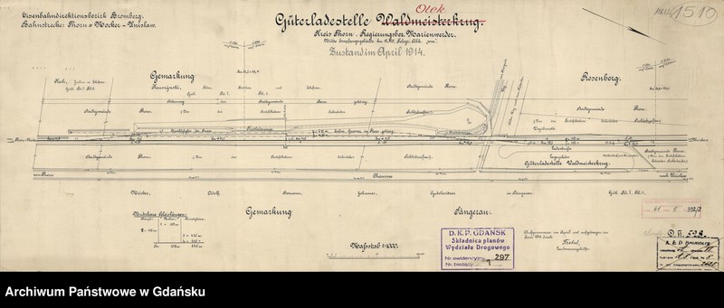 image.from.unit.number "Eisenbahndirektionsbezirk Bromberg. Bahnstrecke: Thorn Mocker - Unislaw. Güterladestelle Waldmeisterkrug. Kreis Thorn. Regierungsbez. Marienwerder. Mitte Empfangsgebäude km 12,129. Telegr. Abk. "wm"". Zustand im April 1914. Część 2""