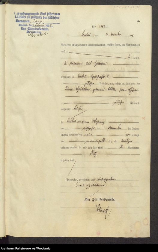 image.from.unit.number "Geburts-Haupt-Register Breslau IV 1909 Band 8"