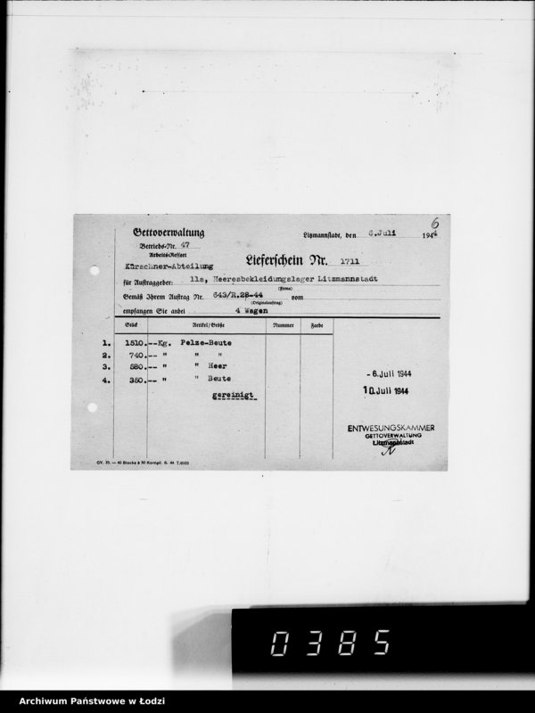 Obraz 10 z jednostki "[Dowody dostawy odzieży dla intendentury wojskowej w Poznaniu] Heeresbekleidungsamt Posen"