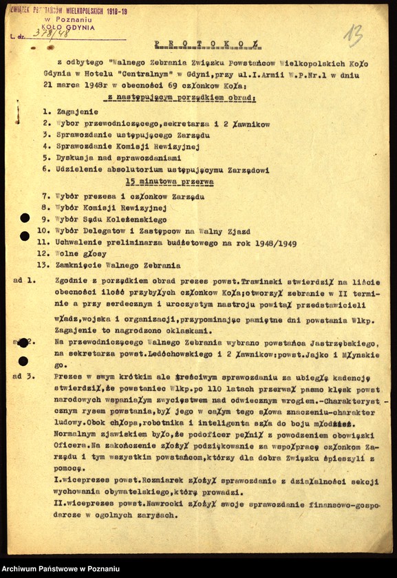 Obraz 16 z jednostki "Współdziałanie Zarządu Głównego Związku Powstańców Wielkopolskich z kołami: 1. Gdańsk. 2. Gdynia [1946-1948] 3. Gębice [1947] 4. Gniewkowo [1946] 5. Gniezno [1947] 6. Gorzów [1946-1947] 7. Grodzisk [1949] 8. Grudziądz [1947]"