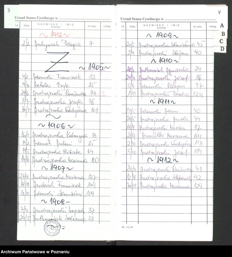 Obraz 5 z jednostki "[Skorowidz alfabetyczny do akt małżeństw i zgonów] za lata 1905-1912]"