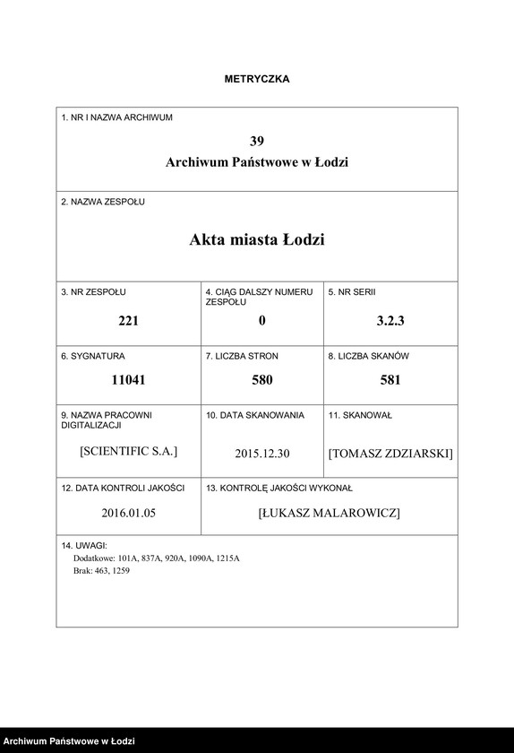 Obraz 1 z jednostki "Dowody metrykalne stałych mieszkańców wsi Bałuty nr domu 9-17"