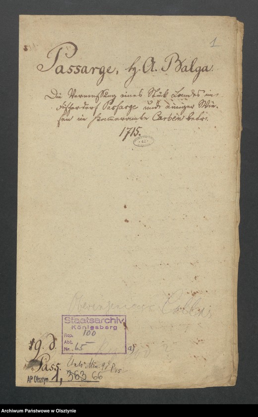 image.from.unit.number "Passarge, H. [Haupt] A. [Amt] Balga [Balga]. Die Vermeßung eines Stück Landes im Fischerdorf Passarge und einiger Wiesen in Kammeramte Carben"