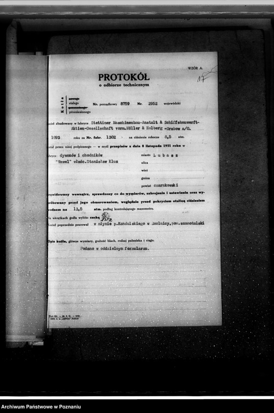 Obraz 20 z jednostki "Fabryka dywanów i chodników w Lubaszu pow. czarnkowski - St. Kluz nr fabryczny kotła 3102 nr woj. kotła 2952"