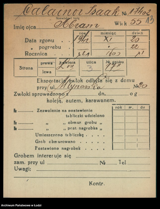 Obraz 14 z jednostki "Kartoteka osób pochowanych na cmentarzu żydowskim przy ulicy Brackiej w latach 1892-1954. Nazwiska na litery: Ca-Choros"