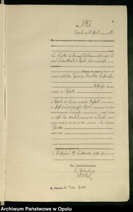 Obraz 9 z jednostki "Urząd Stanu Cywilnego Opole Księga Urodzeń Rok 1913 540-1057"