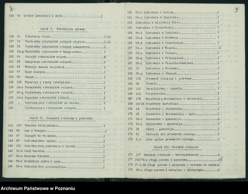 Obraz 8 z jednostki "Wykaz zdawczo-odbiorczy akt Departamentu Rolnictwa i Dóbr Państwowych byłego Ministerstwa byłej Dzielnicy Pruskiej przekazanych przez Ministerstwo Rolnictwa i R.R. do Archiwum Państwowego w Poznaniu. Tomów 878"