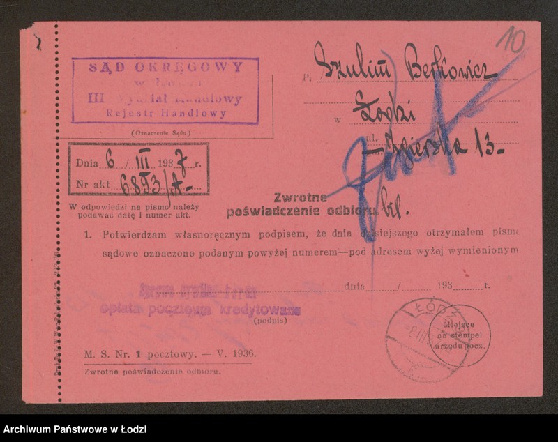 Obraz 12 z jednostki "Szulim Berkowicz – sprzedaż drożdzy"