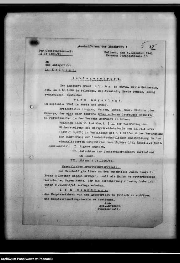 Obraz 9 z jednostki "Strafverfahren wegen Vermahlung von Brotgetreide - Gauheilanstalt Warta bei Sieradz."