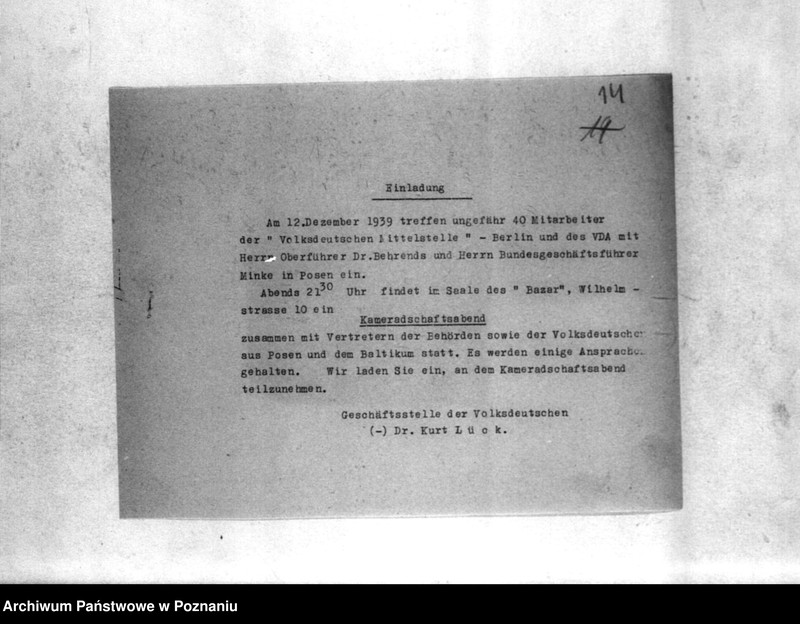 Obraz 18 z jednostki "Schriftwechsel Dr. Lück - Korespondencja z doktorem K. Lück, jako kierownik Genhäftstelle der Volkskentnhen"