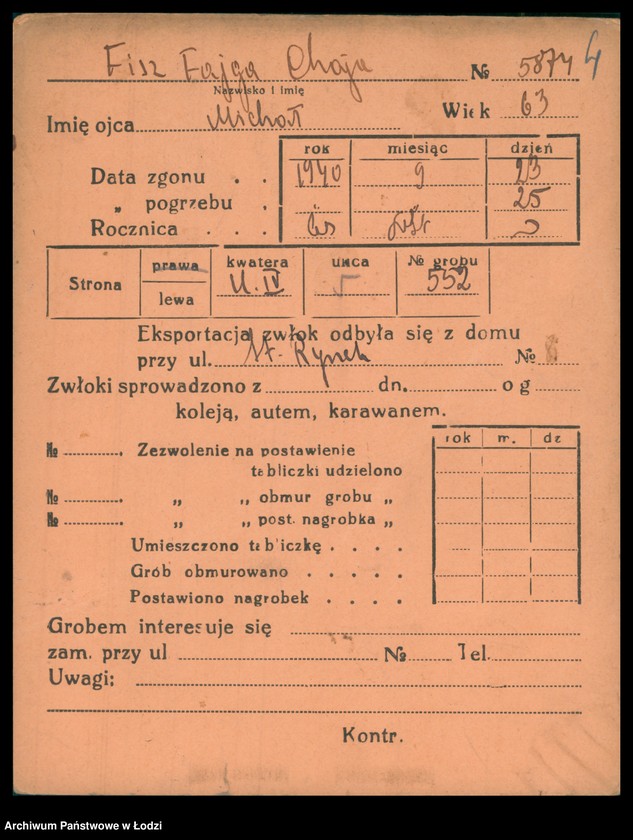 Obraz 5 z jednostki "Kartoteka osób pochowanych na cmentarzu żydowskim przy ulicy Brackiej w latach 1892-1957. Nazwiska na litery: Fisz-For"