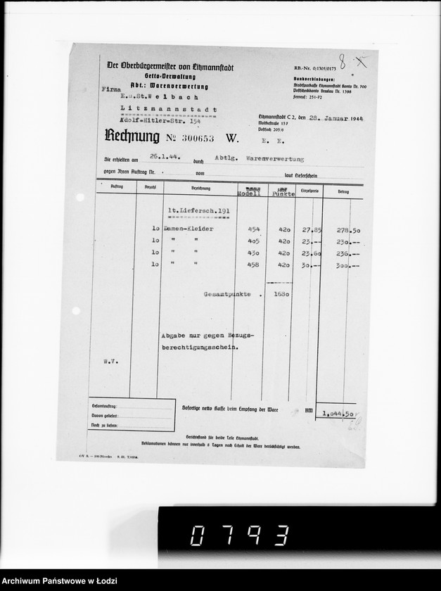 Obraz 12 z jednostki "F-ma St.Weilbach Litzmannstadt V Warenverwertung an den Juden Ältesten. Kinder-Kleider, Teppiche, Brücken"