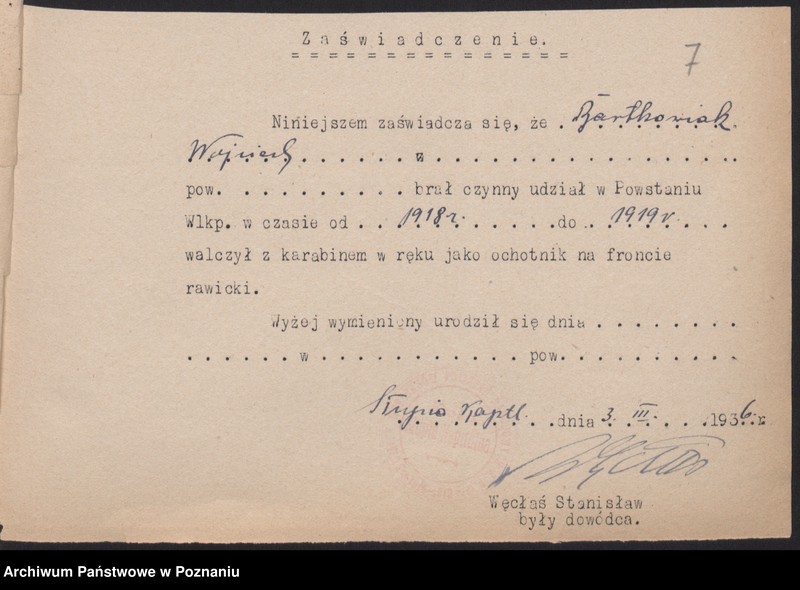 Obraz 10 z jednostki "Słupia Kapitulna, powiat Rawicz - indywidualne zaświadczenia o uczestnictwie w powstaniu."