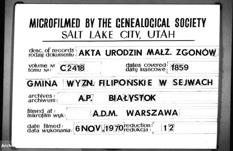 image.from.unit.number "Duplikat Akt Urodzonych, Umarłych i zaślubionych wyznania Filipońskiego Gminy Sejwy za rok 1859"