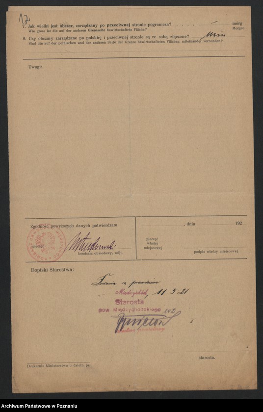 Obraz 11 z jednostki "[Kwestionariusze dotyczące stwierdzenia gruntów znajdujących się po niemieckiej stronie pogranicza a zarządzanych przez zamieszkałych po stronie polskiej] powiat Międzychód"