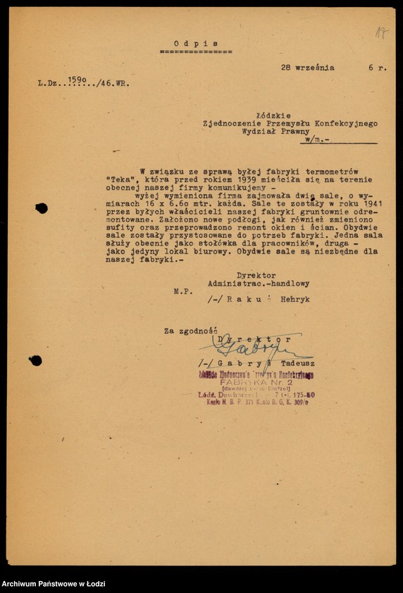 Obraz 19 z jednostki "[Korespondencja w sprawie reprywatyzacji urządzeń biurowych Fabryki Termometrów oraz lokalu fabrycznego w Łodzi ul. Dowborczyków 37]"