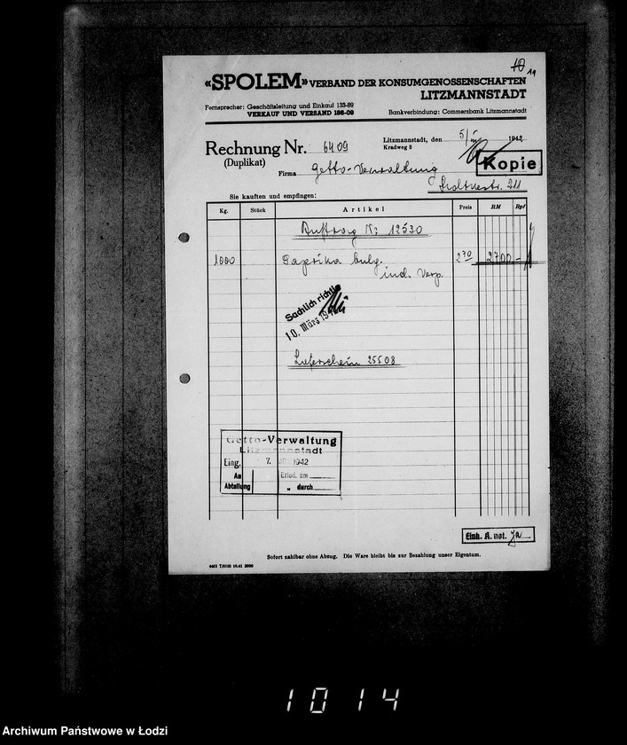 Obraz 15 z jednostki "Aufträge [Lieferscheinen und Rechnungen] 12481-12530 Lebensmitteleinkauf 5/Mü [Dostawa artykułów pierwszej potrzeby do Getta]."