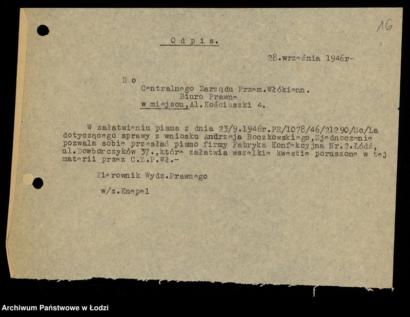 Obraz 18 z jednostki "[Korespondencja w sprawie reprywatyzacji urządzeń biurowych Fabryki Termometrów oraz lokalu fabrycznego w Łodzi ul. Dowborczyków 37]"