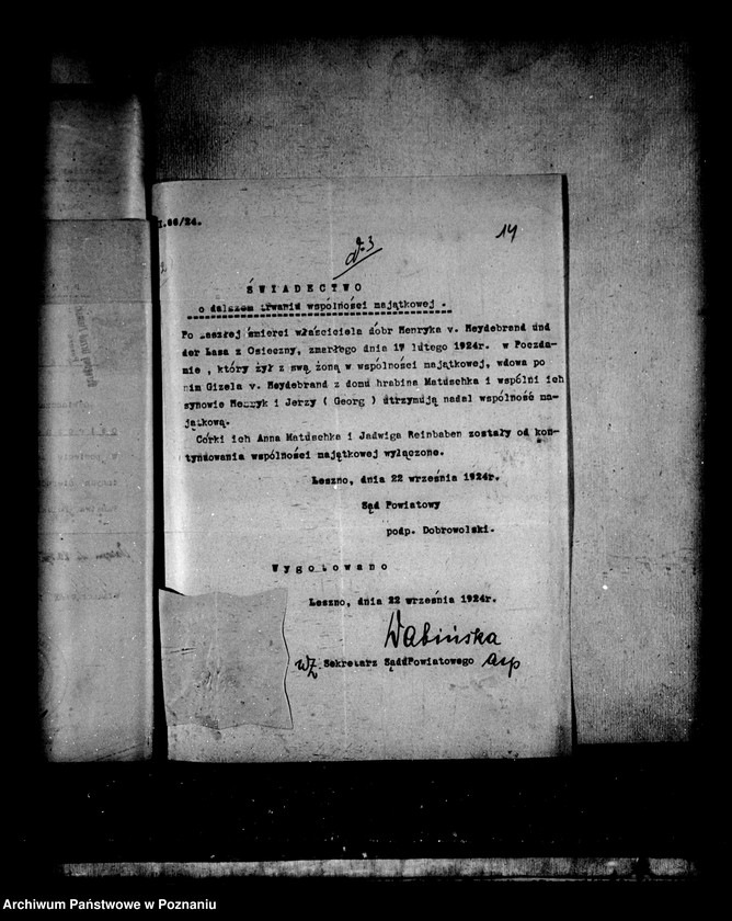 Obraz 18 z jednostki "Majątek Osieczna powiatu leszczyńskiego wyłączenie z art. 4/5 ustawy o reformie rolnej Henryk Heydebrand"