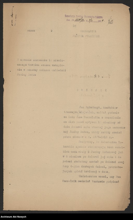 image.from.unit.number "Skrócenie 10 miesięcznego terminu zakazu wstąpienia w ponowne związki małżeńskie. Reskrypty Naczelnika Państwa, wnioski, korespondencja z Min. Wyznań Religijnych i Oświecenia Publicznego"