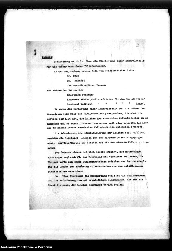 Obraz 7 z jednostki "Podręczna teczka akt dra Kortka, zawierająca informacje o utworzeniu Zentralstelle f.d. Gräber oraz korespondencję w sprawie miejscowych Niemców, zaginionych w 1939 roku"