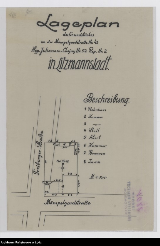 image.from.unit.number "Lageplan des Grundstückes an der Mömpelgardstrasse nr 42, Hyp. Julianow-Chojny nr 52, rep. nr 2 in Litzmannstadt"
