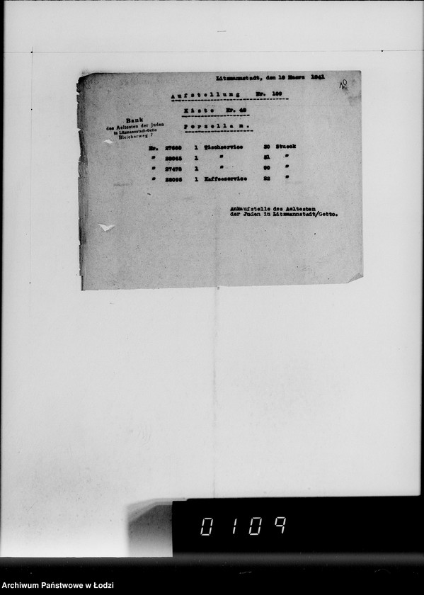 Obraz 14 z jednostki "Anlieferung des Judenältesten Silber [Zestawienia skonfiskowanych w Getcie kosztowności]"