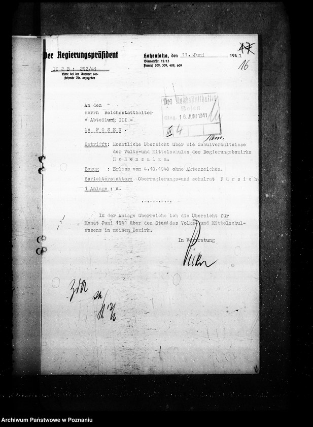 Obraz 20 z jednostki "Monatliche übersichten über die Schulverhältnisse- Regierungsbezirk Hohensalza (Inowrocław)"