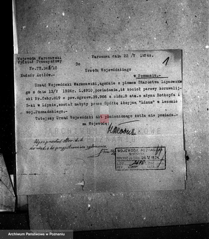 Obraz 5 z jednostki "Zakłady wyrobów włókienniczych Towarzystwo Akcyjne "Linum" w Lesznie nr woj. kotła 21"