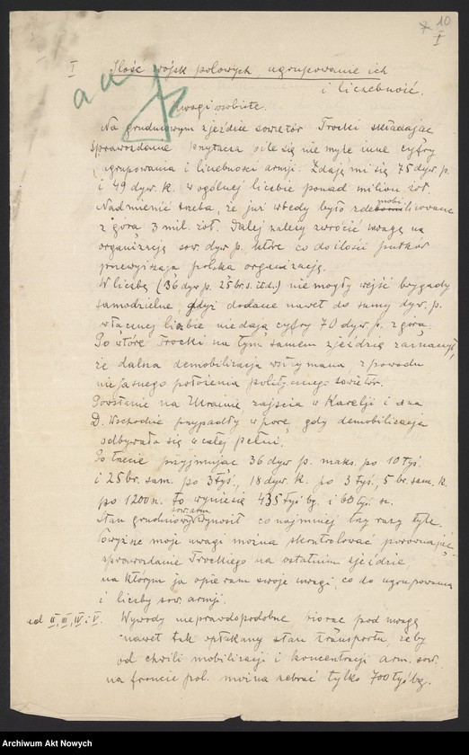 image.from.unit.number "Działalność Władysława Sikorskiego jako szefa Sztabu Generalnego WP. Sprawa uposażeń oficerów. Współpraca z francuskim dowództwem wojskowym. Stosunki dyplomatyczne między Polską a Rosją Radziecką. Raport, korespondencja."