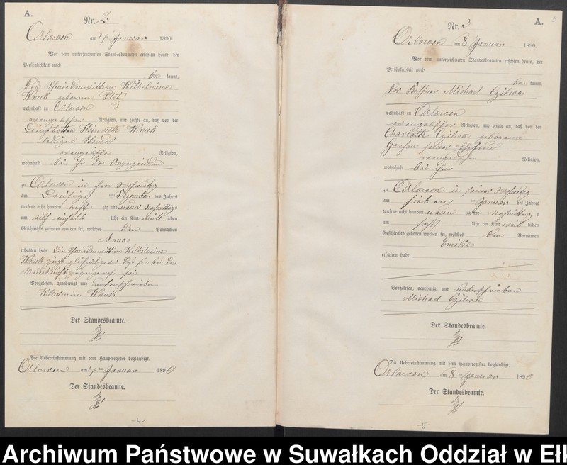 image.from.unit.number "Geburts-Neben-Register des Preussischen Standes-Amtes Orlowen Kreis Loetzen für das Jahr 1890"
