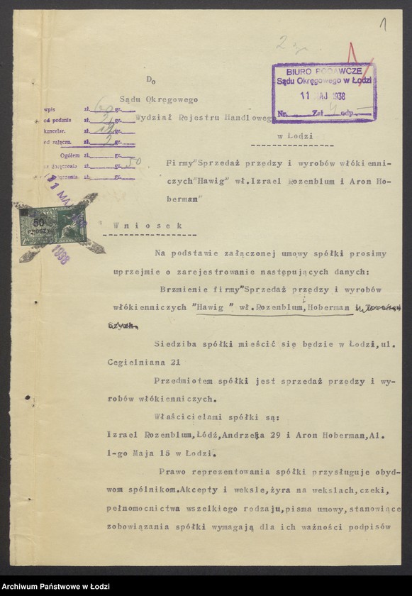 Obraz 3 z jednostki "Izrael Rozenblum, Aron Hoberman- sprzedaż przędzy i wyrobów włokienniczych"