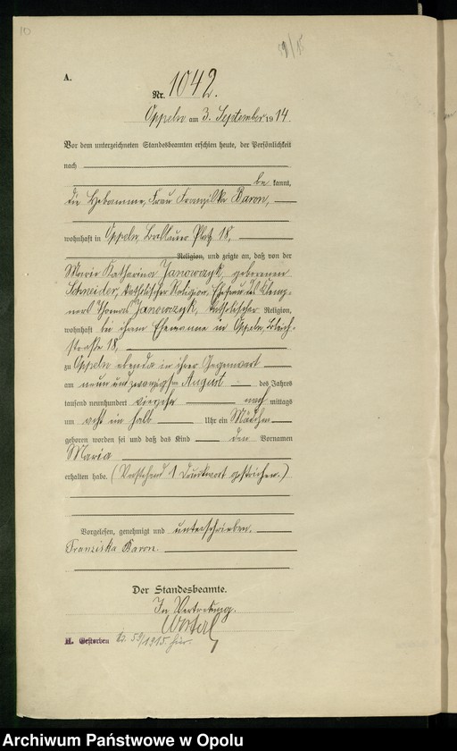 Obraz 14 z jednostki "Urząd Stanu Cywilnego Opole Księga Urodzeń Rok 1914 1034-1493"