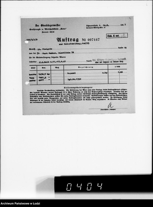 Obraz 8 z jednostki "[Upoważnienia do odbioru produktów żywnościowych i innych materiałów dostarczanych dla Getta] Auftragskopien"