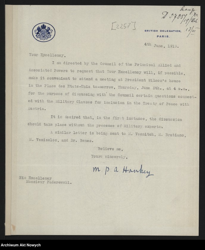 image.from.unit.number "Konferencja Pokojowa. Zawiadomienia o posiedzeniach i porządkach obrad, protokoły z posiedzeń. Korespondencja"