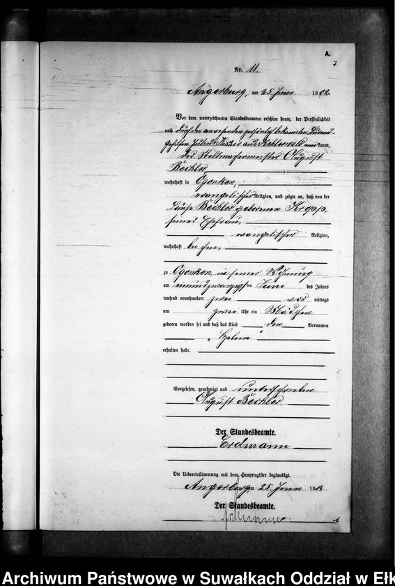 image.from.unit.number "Geburts-Neben-Register des Preussischen Standes-Amtes Gr. Strengeln Kreis Angerburg"