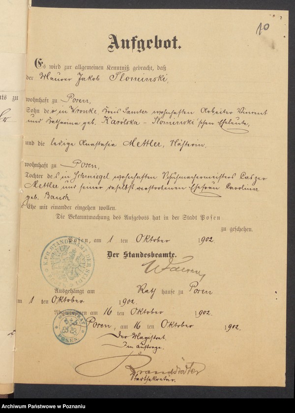 Obraz 12 z jednostki "[Dokumenty dostarczone przez narzeczonych do zawarcia związku małżeńskiego za 1902 rok. Tom XVI]"